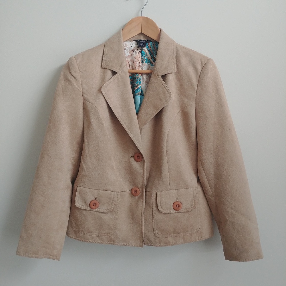 Tan vegan faux suede jacket blazer unique blue silky lining size 8 petite